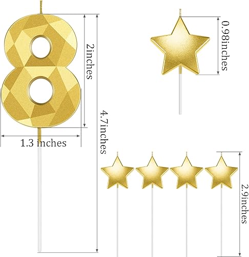 Miniatura 4 de Roowest 6 velas doradas de cumpleaños número 80 con purpurina número 80, velas de cumpleaños con estrella 3D, decoración para mujeres y hombres,