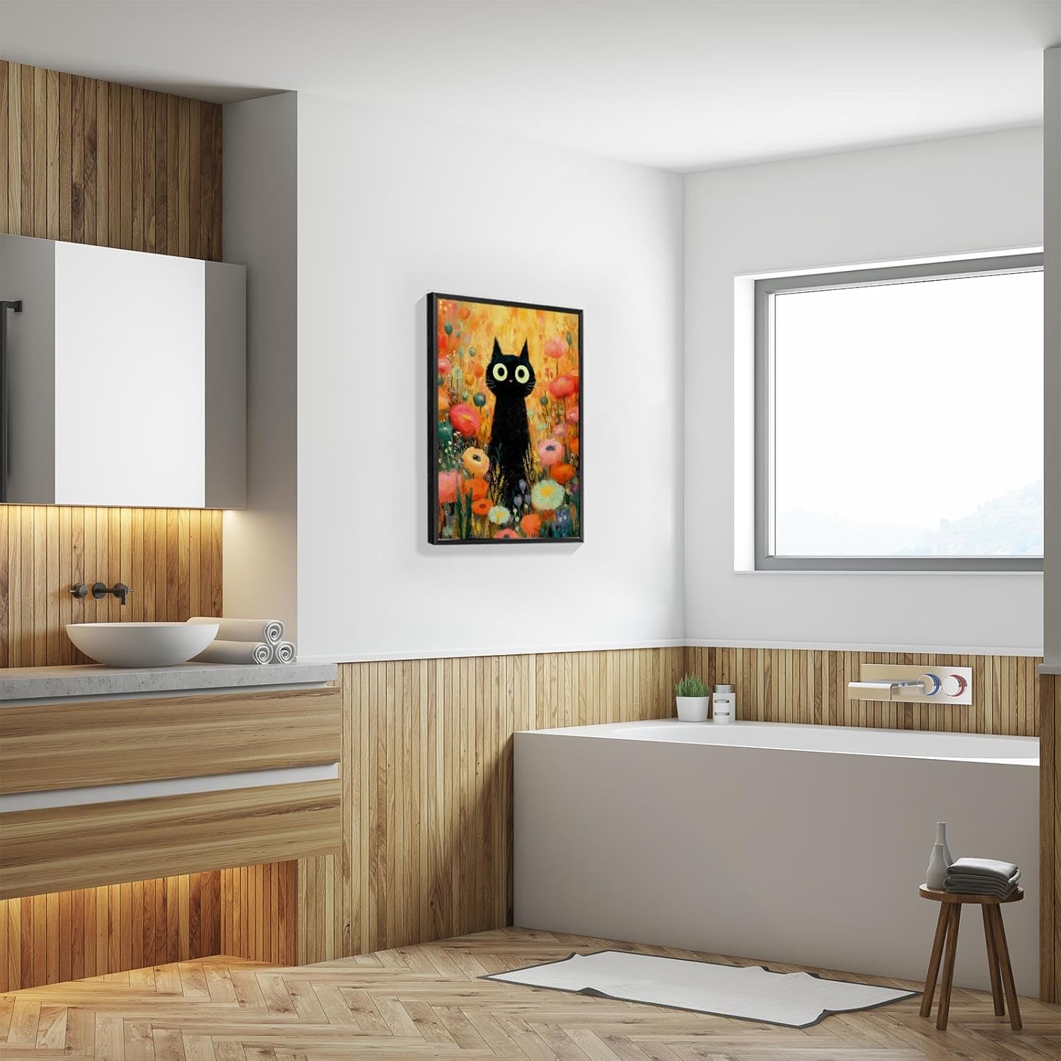 Framed Trendy Midnight Bloom Cat Canvas Posters Colorful Garden Black Cats Wall Art Rustic Fields Floral Botanical Prints Painting For Living Room Bedroom Dorm Wall Decor 8x12in