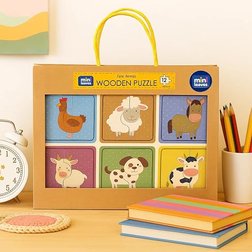 Mini Leaves 2 Piece Puzzle - Farm Animals Jigsaw Puzzle - Set of 6 Wooden Puzzles for Kids - Educational Toys for 2 Year O...