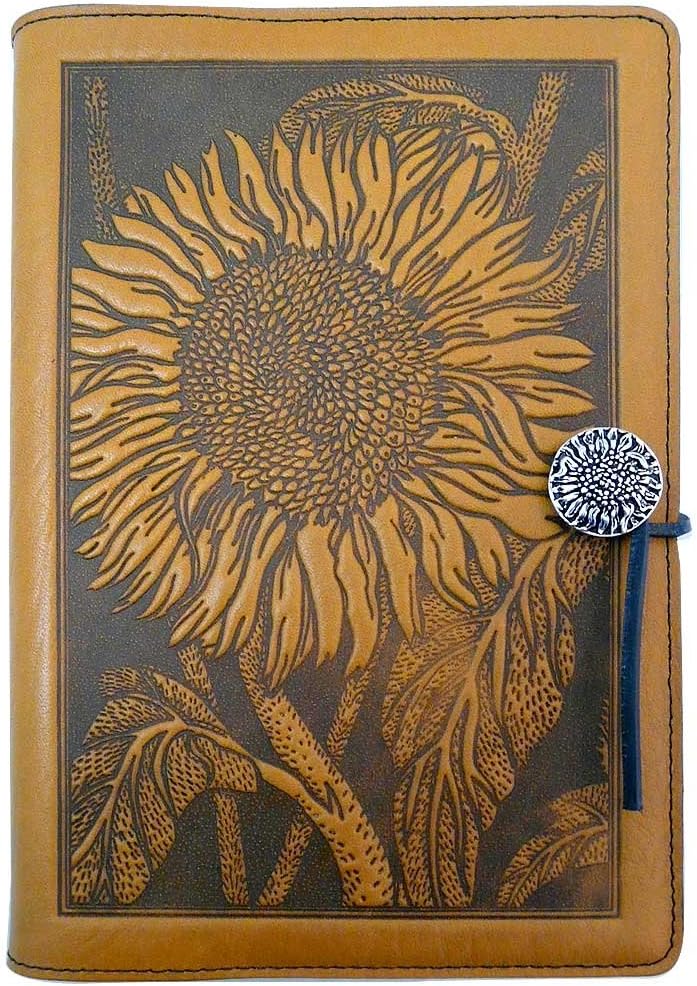 Modern Artisans Sunflower American-Made Embossed Leather Writing Journal Cover, 6 x 9-inch + Refillable A5 Hardbound Insert