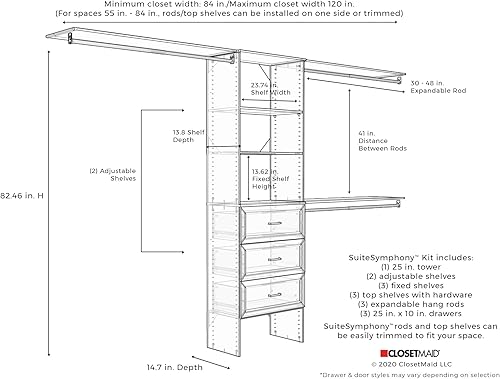 Miniatura 5 de ClosetMaid SuiteSymphony - Kit organizador de armario de madera con torre, 3 barras para colgar, estantes superiores, 3 cajones, ajustable, se