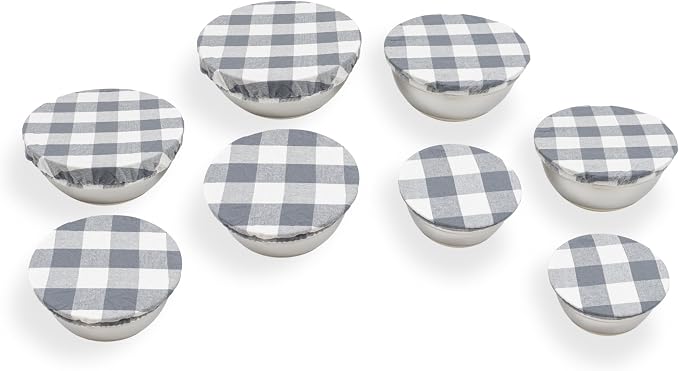 Reusable Cloth Bowl Covers - 100% Cotton Fabric Bowl Covers Set to Cover Fruits, Vegetables and Regulate Moisture - Elastic Bowl Covers for Salads, Bread & Leftovers (Gray Plaid, 2XL, 2L, 2M, 2S)