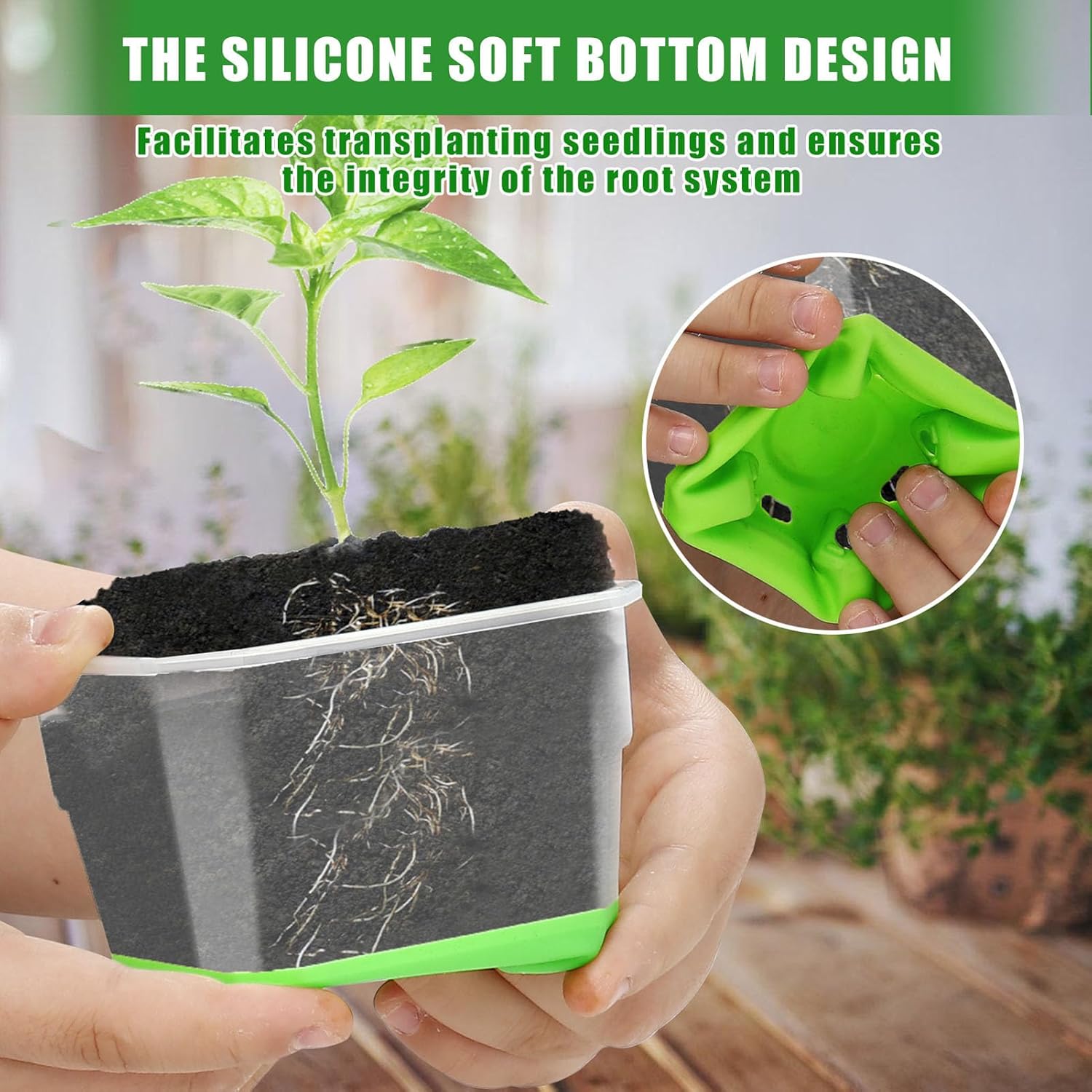 20Pcs Nursery Pot Planters Variety Pack, Reusable Clear Plastic and Silicone Square Pots with Drainage for Seedlings and Flower Plants (Green)