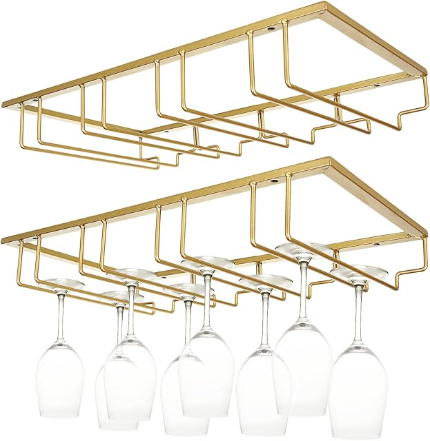 JMIATRY 2 Pack Wine Glass Rack, 16.5" x 9.4" x 3.1" Under Cabinet Stemware Rack, 4 Slots 12 Cups Hanging Wine Glass Holder Great for Kitchen and Bar, Gold