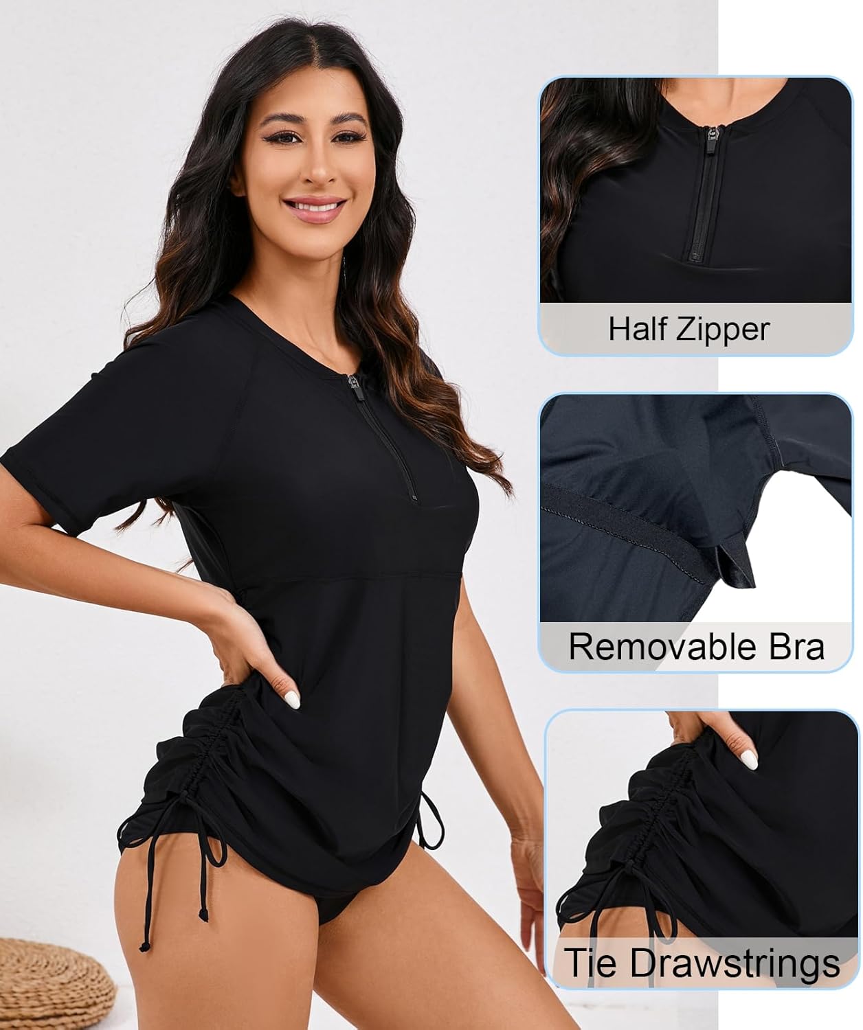 Halcurt Women's Short Sleeve Rash Guard Swim Shirt with Bra Half Zip Tie Drawstring UPF50+ Swimsuit Top - Image 4