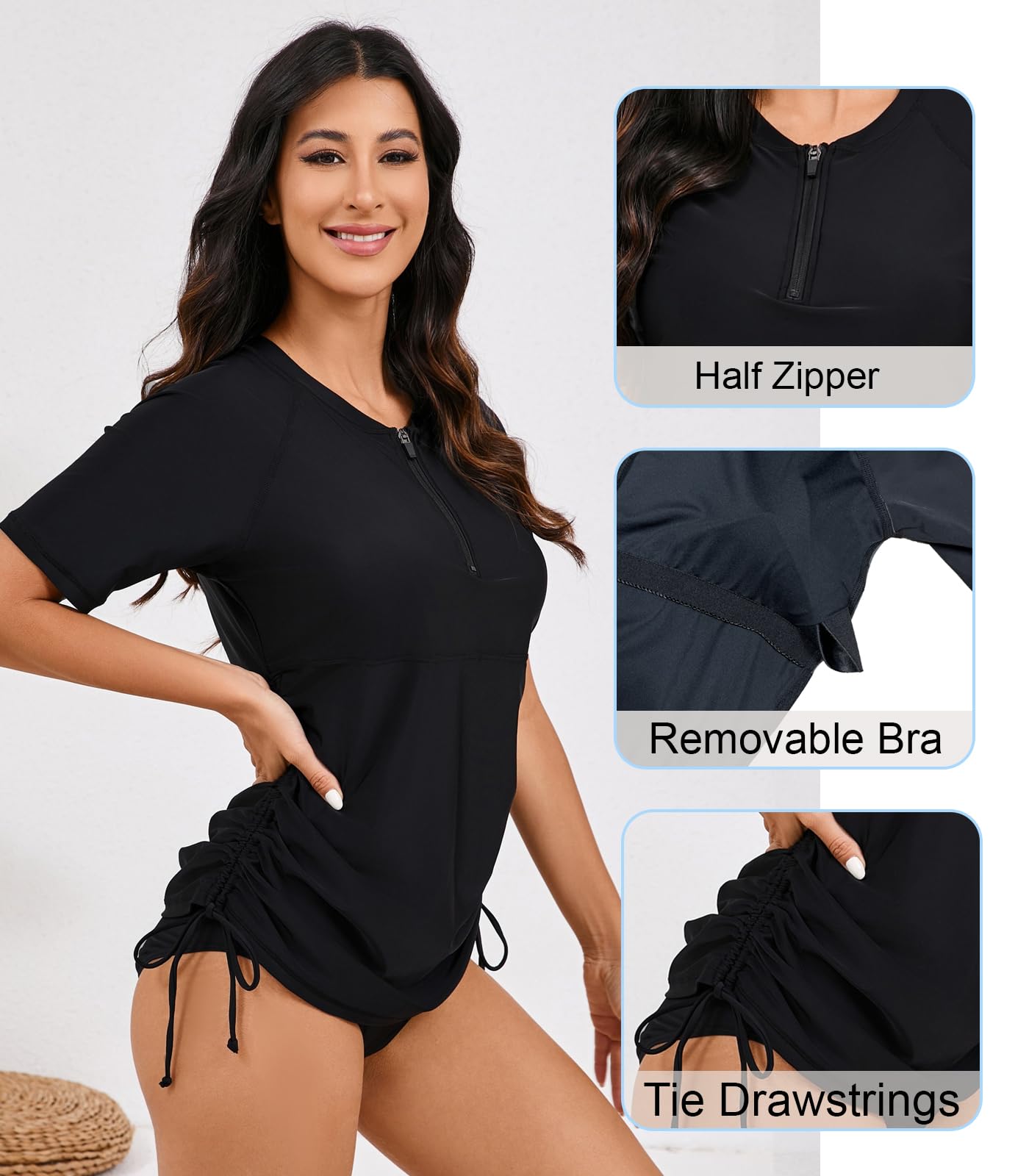 Halcurt Camiseta de natación de manga corta con media cremallera para mujer, con cordón ajustable, UPF50+