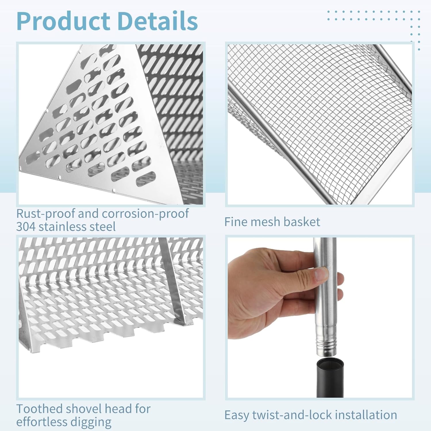 Sand Flea Rake, 68.9 in Stainless Steel Sand Sifter with Mesh Shovel and Gloves, 304 Stainless Steel Beach Rake with 7.1 x 15.7 x 7.9 in Basket for Ocean Flea, Shark Tooth, Treasure Hunting