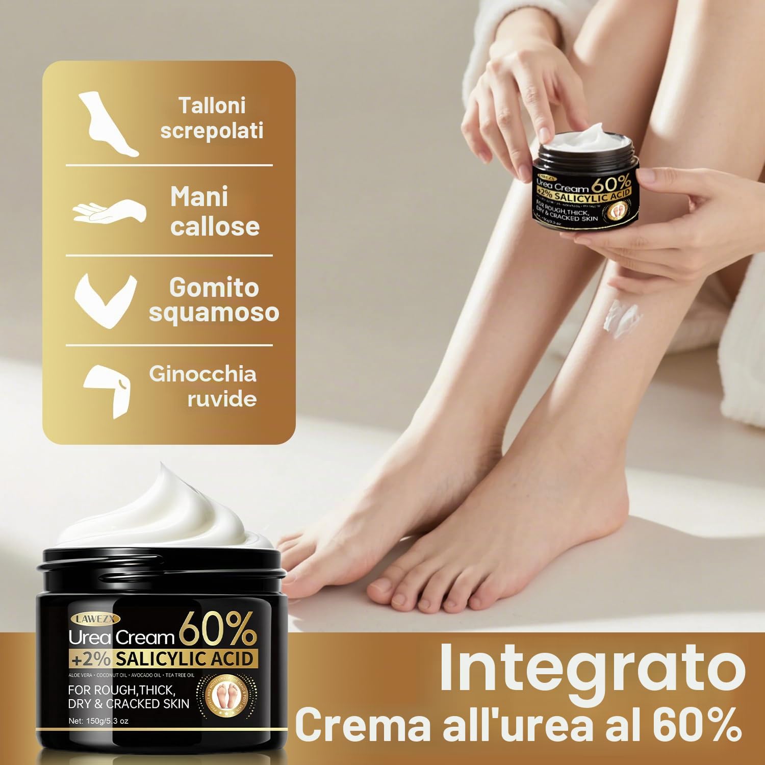 Crema Urea per Piedi e Mani, Crema Piedi Urea 60% con Acido Salicilico 2%, per Mani, Talloni, Gomiti e Ginocchia, Un'idratazione Profonda, Screpolati Rimozione e Ammorbidimento Dei Calli, 150g