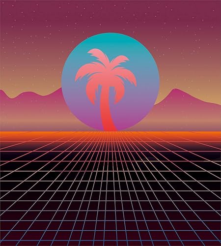 Miniatura 2 de Ambesonne Synthwave Duvet Cover Set, 80's Scene Retrowave Design with Palm Silhouette on Abstract Sun and Squares, Decorative 2 Piece Bedding Set