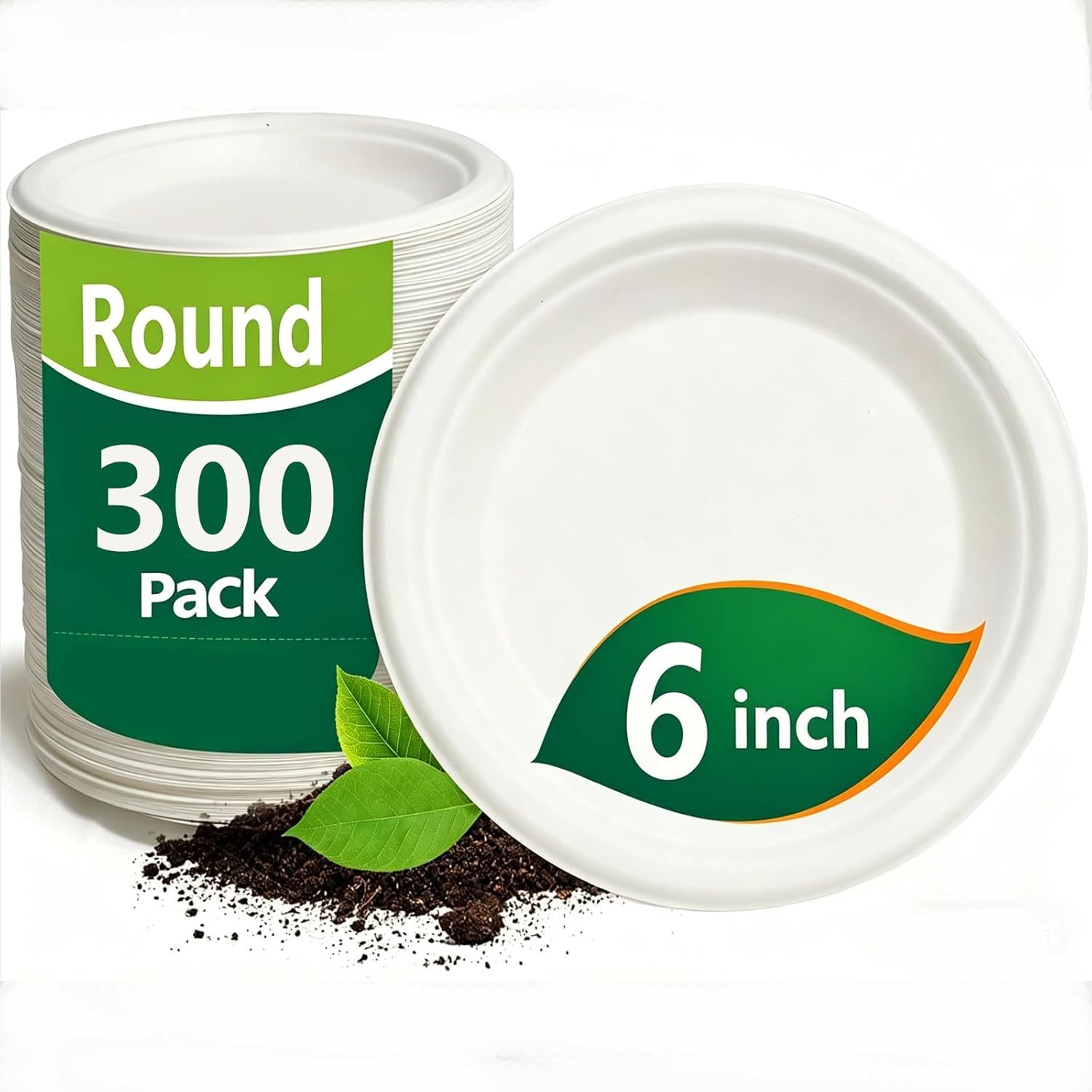 6 Inch Small Paper Plates, 300 Pack Disposable Compostable Dessert Plates Made from Sugarcane Fibers, Eco-Friendly, White