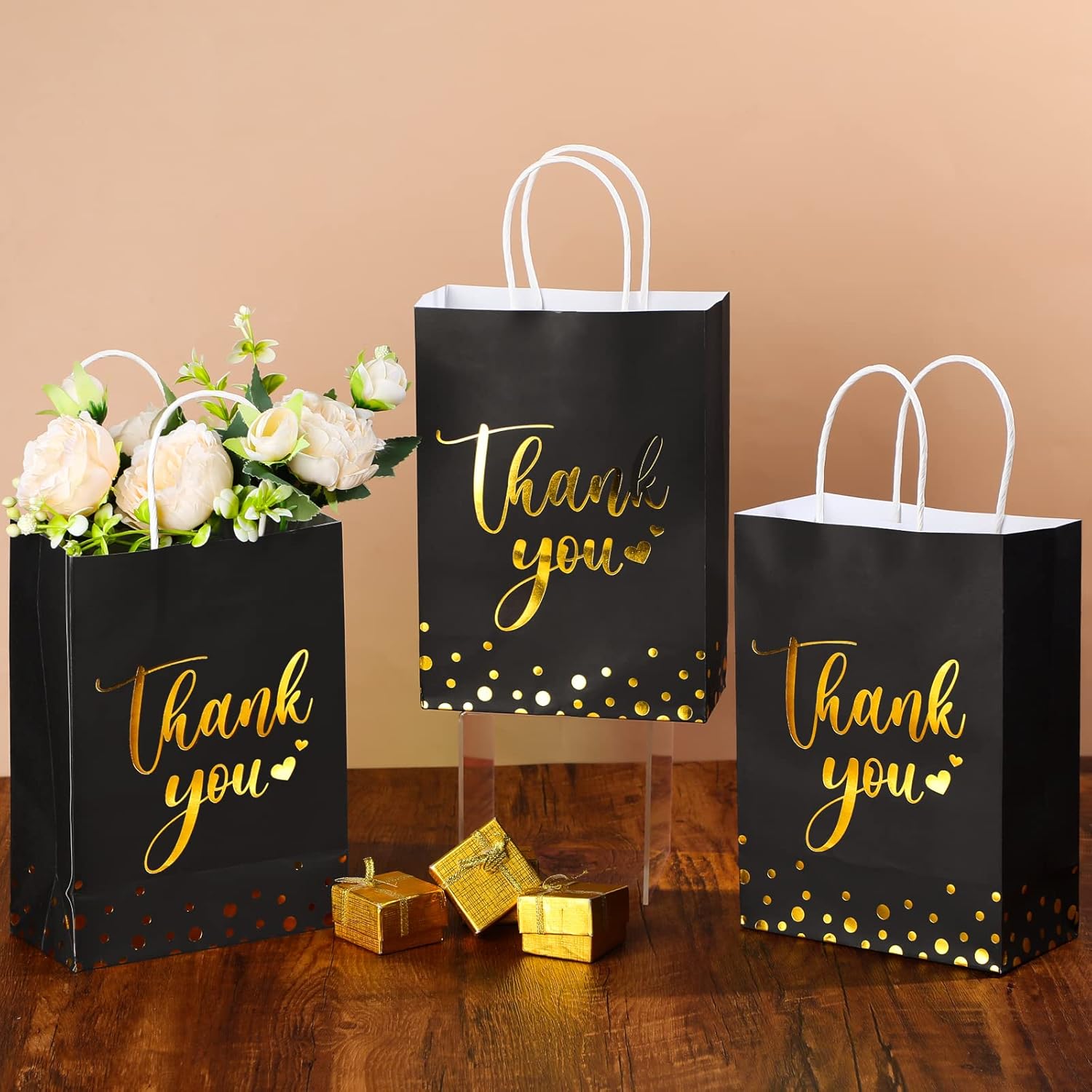 PerKoop 60 Pcs Thank You Gift Bags Bulk Paper Gold Thank You Wedding Bags with Handle for Business, Shopping, Wedding, Baby Shower, Party Favors (Black) - Image 3
