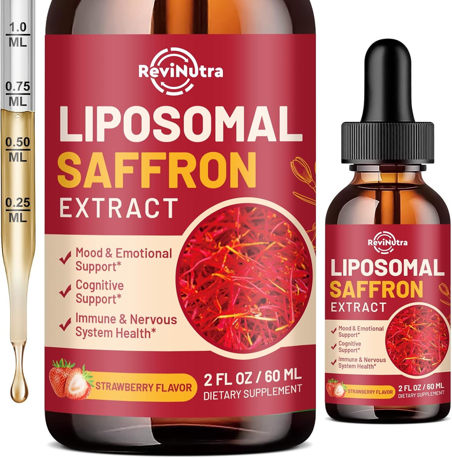 Saffron Supplements - 88.5mg Saffron Extract Liposomal Liquid Drops with Magnesium, Zinc, Ashwagandha, L-Theanine, Vitamin B6, D3 for Antioxidant Mood Energy Vision & Focus, Strawberry Flavor 2 Fl Oz