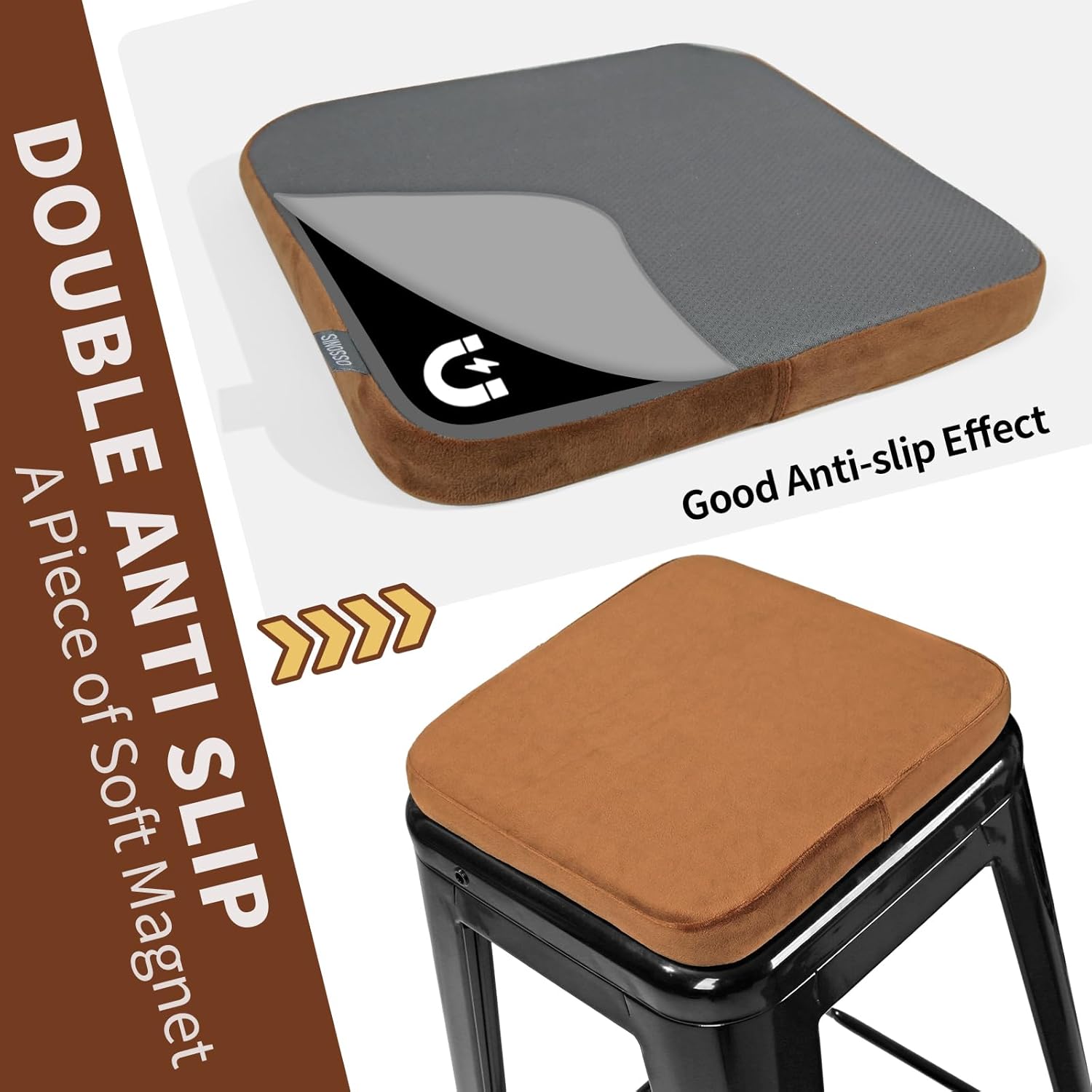 SINOSSO Magnetic Memory Foam Metal Stool Cushions Set of 2, Luxury Velvet Bar Cafe Stackable Chair Seat Pads, Non-Slip & Washable (Square, Brown, 2) - Image 2