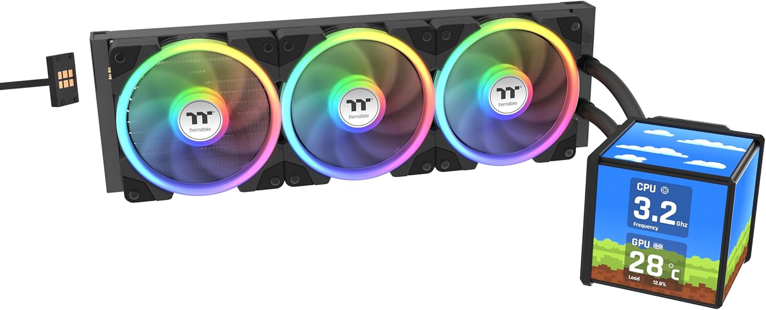 Thermaltake MINECUBE 360 Ultra CPU Liquid Cooler; Intel/AMD Compatible; 3x120mm 500~2000rpm SWAFAN EX ARGB; MAGForce 2.0. 4X 3.95 TFT LCD Screens; Swappable Fan Blades; Black; CL-W481-PL12SW-A