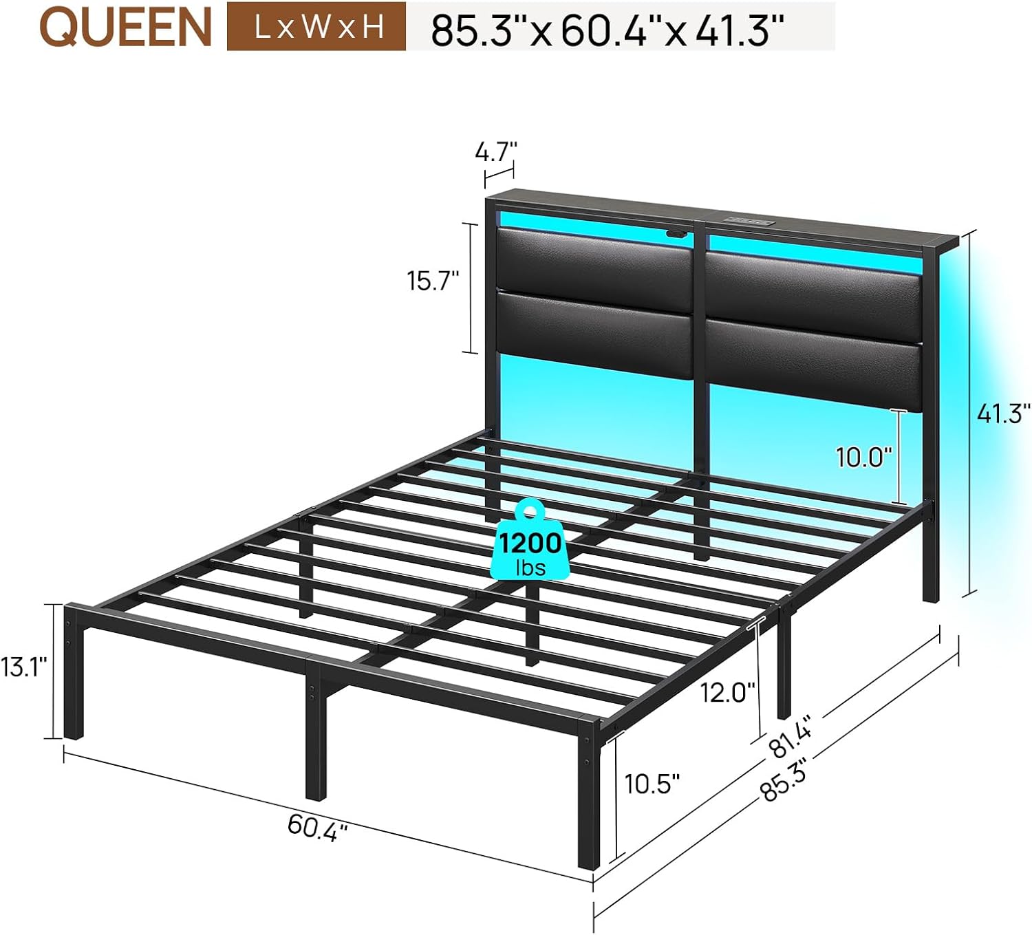 Diagram, der viser målene på queensize-sengerammen: 85.4 tommer længde, 60.4 tommer bredde, 41.3 tommer højde og 13.1 tommer frihøjde under sengen.