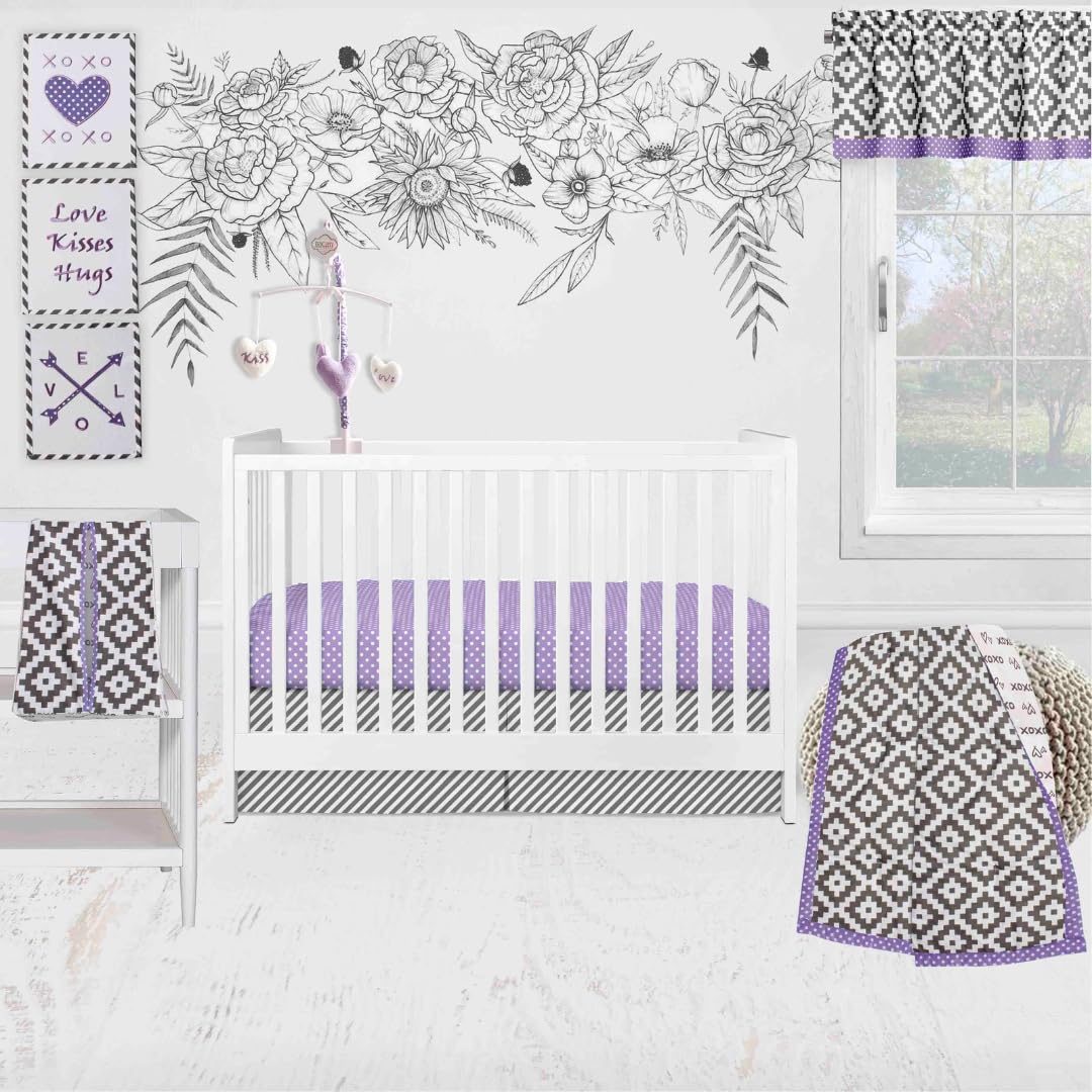 Bacati - 10 Piece Crib Bedding Set with 2 Crib Fitted Sheets - Love Purple Grey