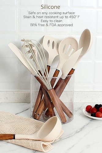 Miniatura 3 de Country Kitchen Juego de utensilios de silicona antiadherente con asas redondeadas de madera para cocinar y hornear, juego de 8 piezas, caqui