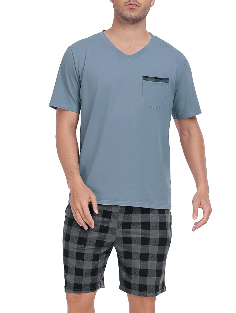 Pyjama Court Homme Aseniza - 95% Coton, Manches Courtes | T-Shirt Et Short Avec Poches | Confortable Pour L'Été
