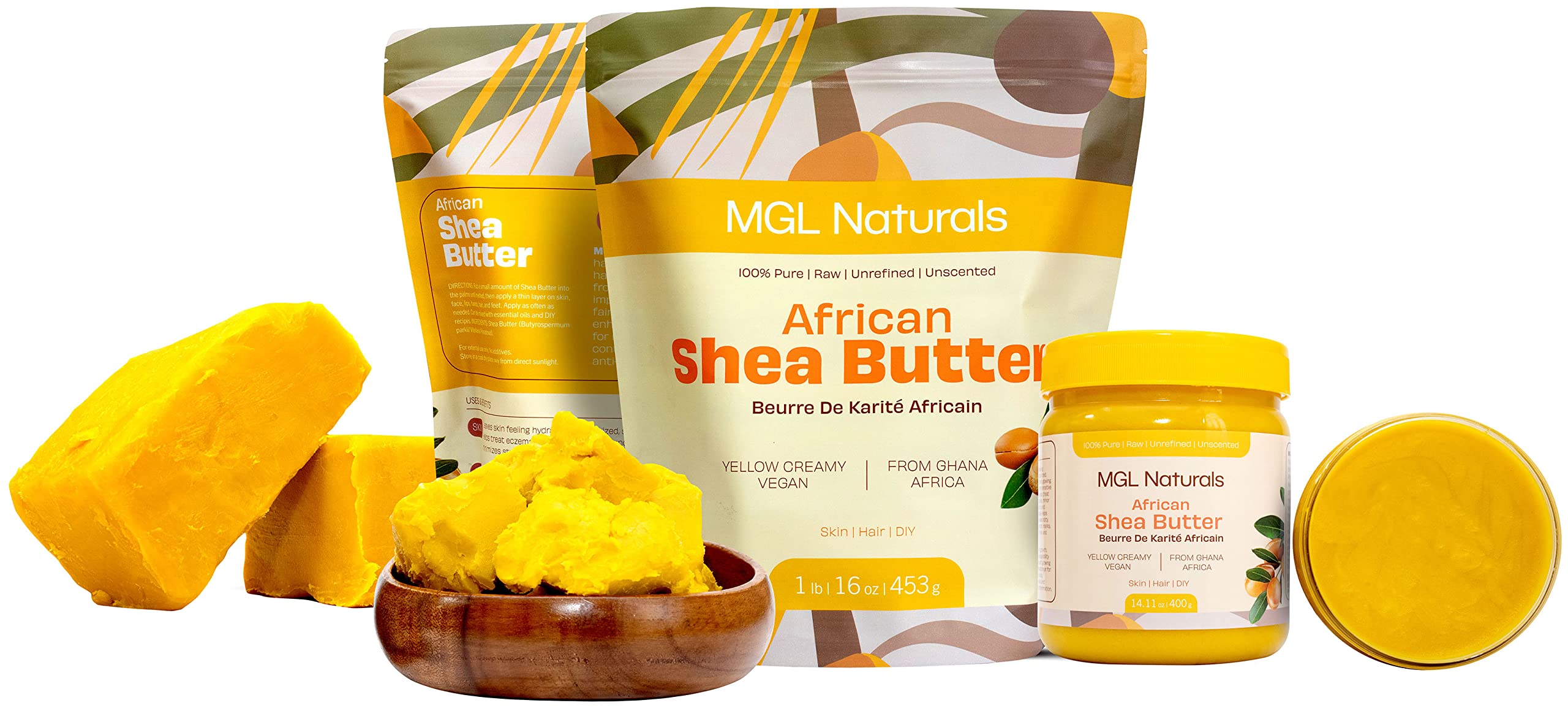 MGL Naturals, manteca de karité africana sin refinar, 100 % pura, cruda, vegana y orgánica. Nutritiva e hidratante. Úsalo solo o recetas de bricolaje. 1 kg