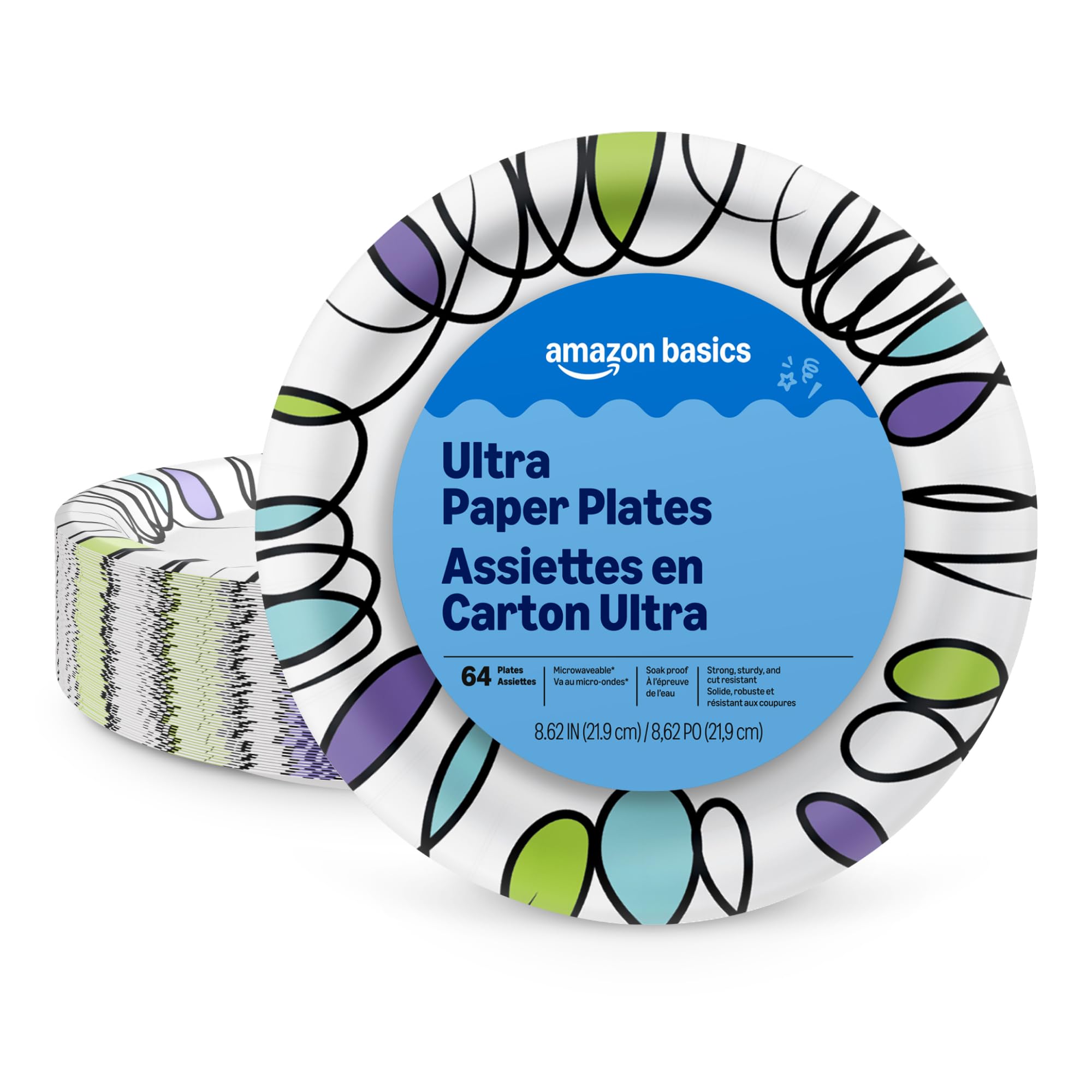 Amazon Basics Ultra Paper Plates, 8.62 Inch, 64 Count