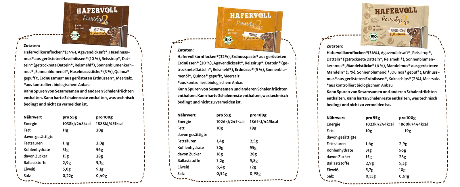 HAFERVOLL Porridge2go Mixbox, 3 Riegel: Sorten Erdnuss, Haselnuss und Mandel-Kokos, 13 x 55g Müsliriegel, Bio-zertifiziert, Vegan, ohne Zusatz von Zucker, mit Nussmus