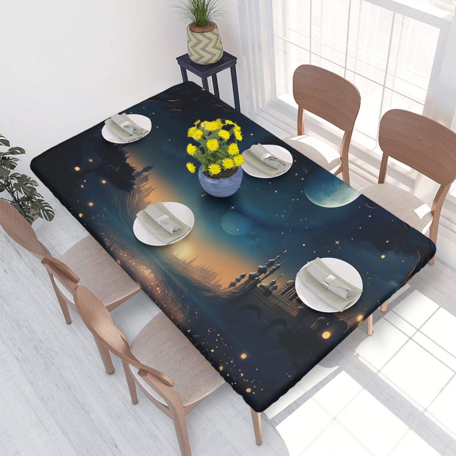 Moon Star Night Waterproof Square Table Cover Elastic Fitted Tablecloth Oil Proof Table Protector For 4ft Table