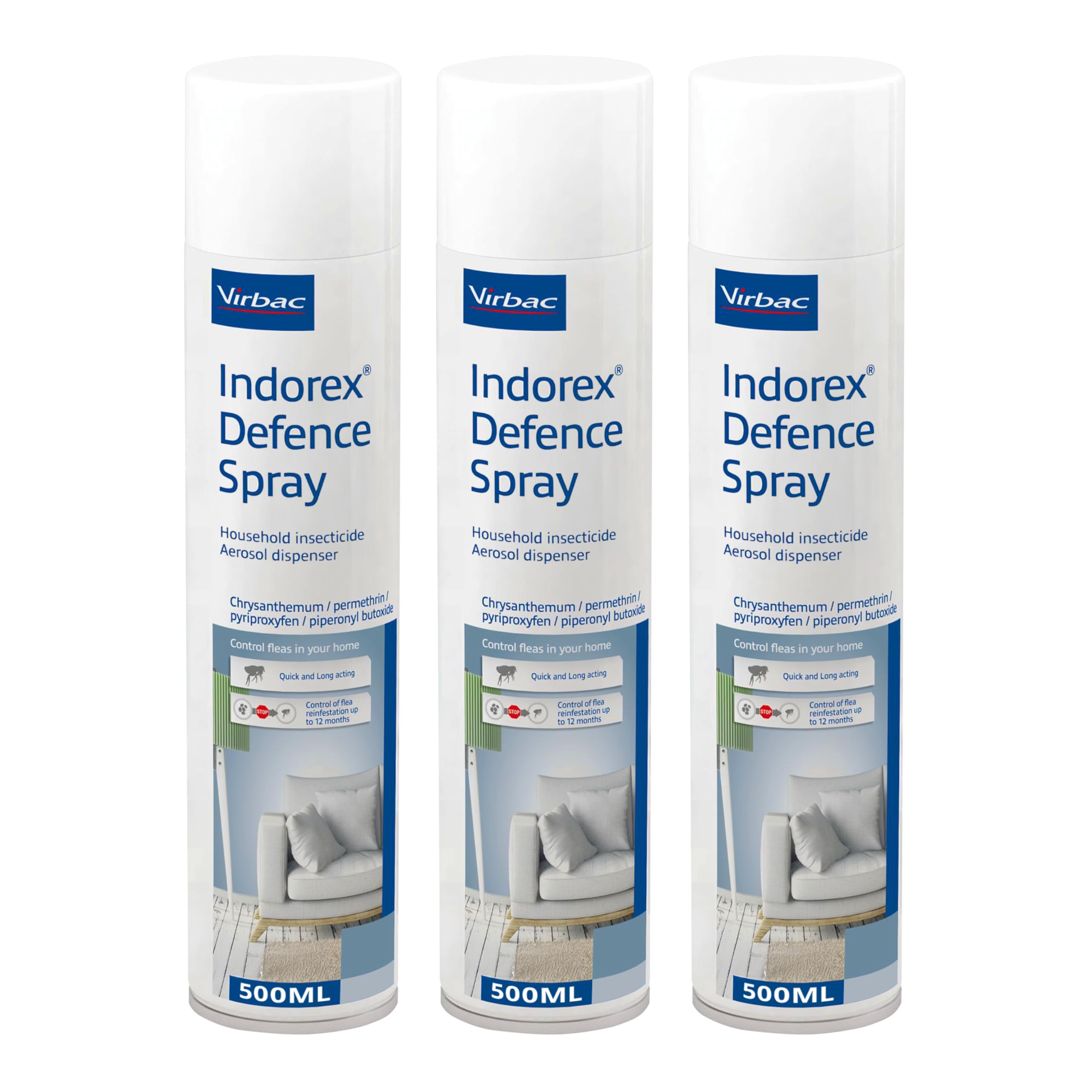 Virbac Indorex Defence Flea Spray for the Home | Long-Lasting 12-Month Protection Against Fleas and Dust Mites | 3 x 500ml Can