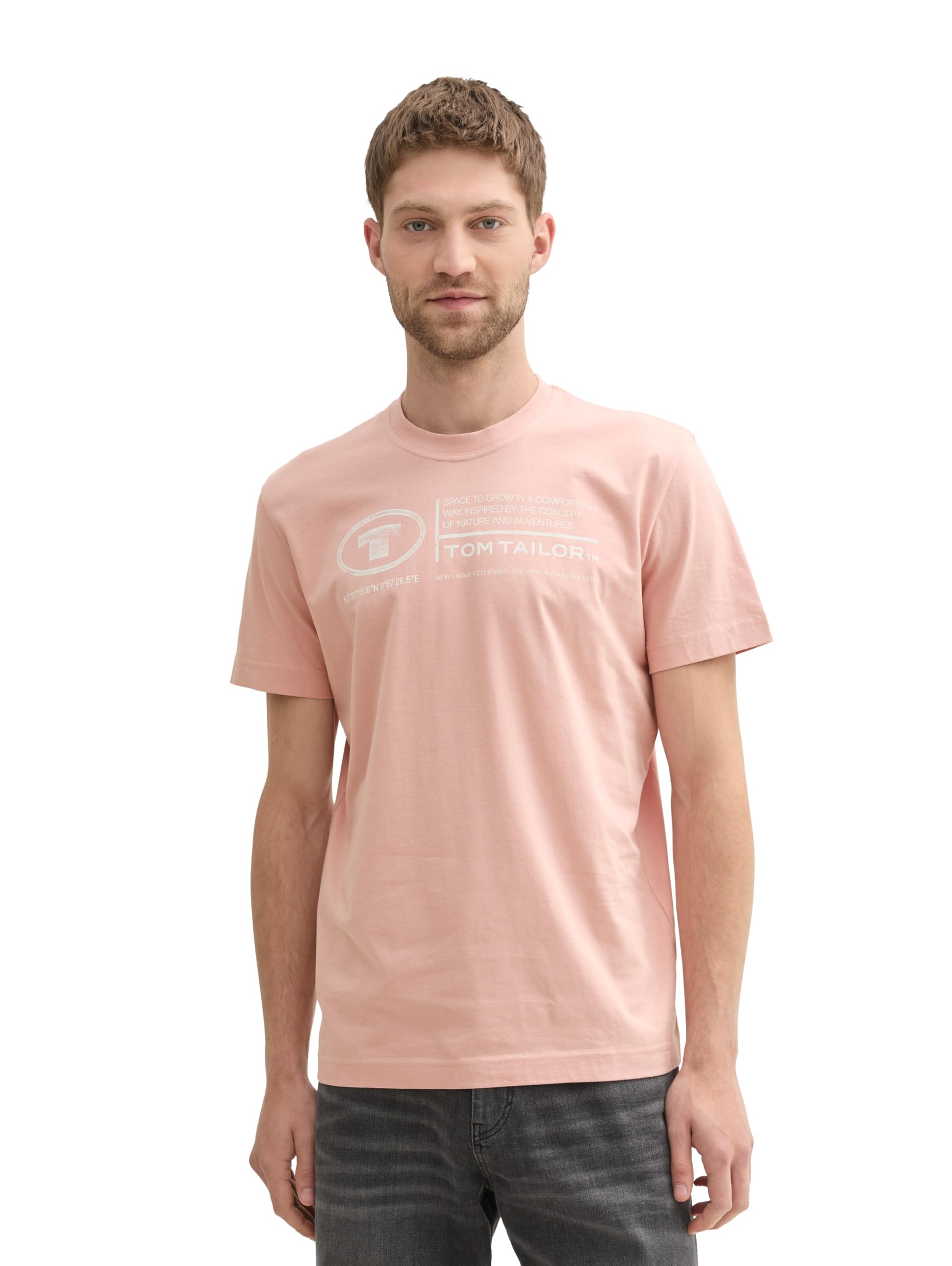 TOM TAILOR Herren Basic T-Shirt mit Print aus Baumwolle, Pale Coral, M