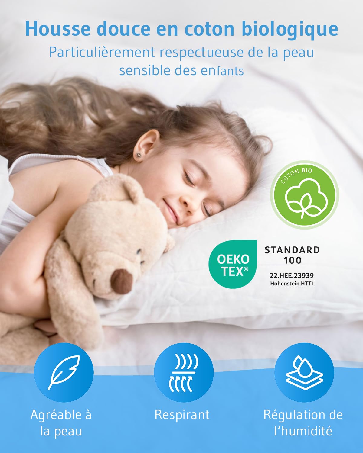 Third of Life Oreiller pour Enfant 40x60 Oeko-TEX® | Hauteur réglable pour Les différentes étapes de la Croissance à partir de 3 Ans | Coussin Durable, Housse en Coton Bio | Lavable en Machine