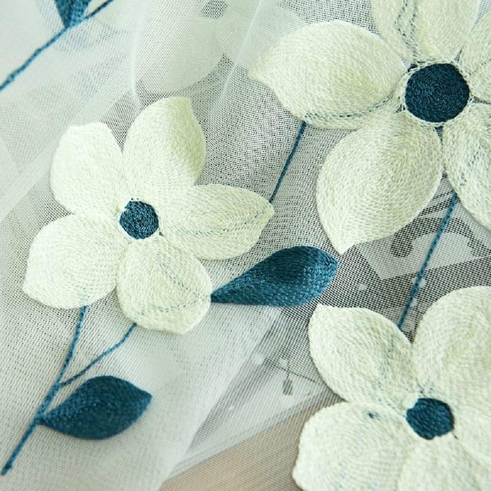 HooHero Blue Rural Style Elegant Design Sheer Curtains Window Treatments Rod Pocket Top for Kids Nursery Room Floral Embroidered Tulle