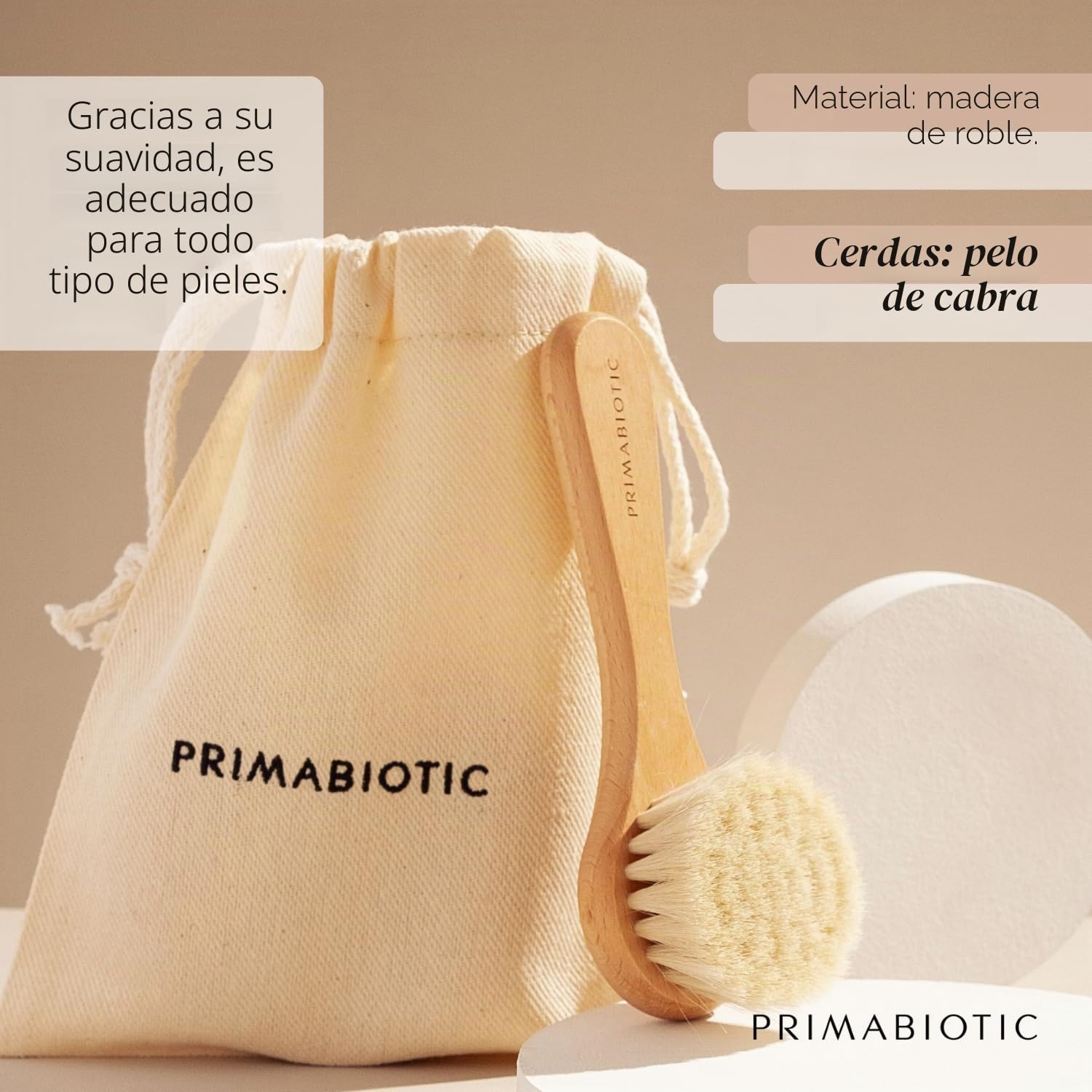 Primabiotic Cepillo de Masaje Facial de Madera de Roble y Pelo de Cabra para Limpieza Seca Natural