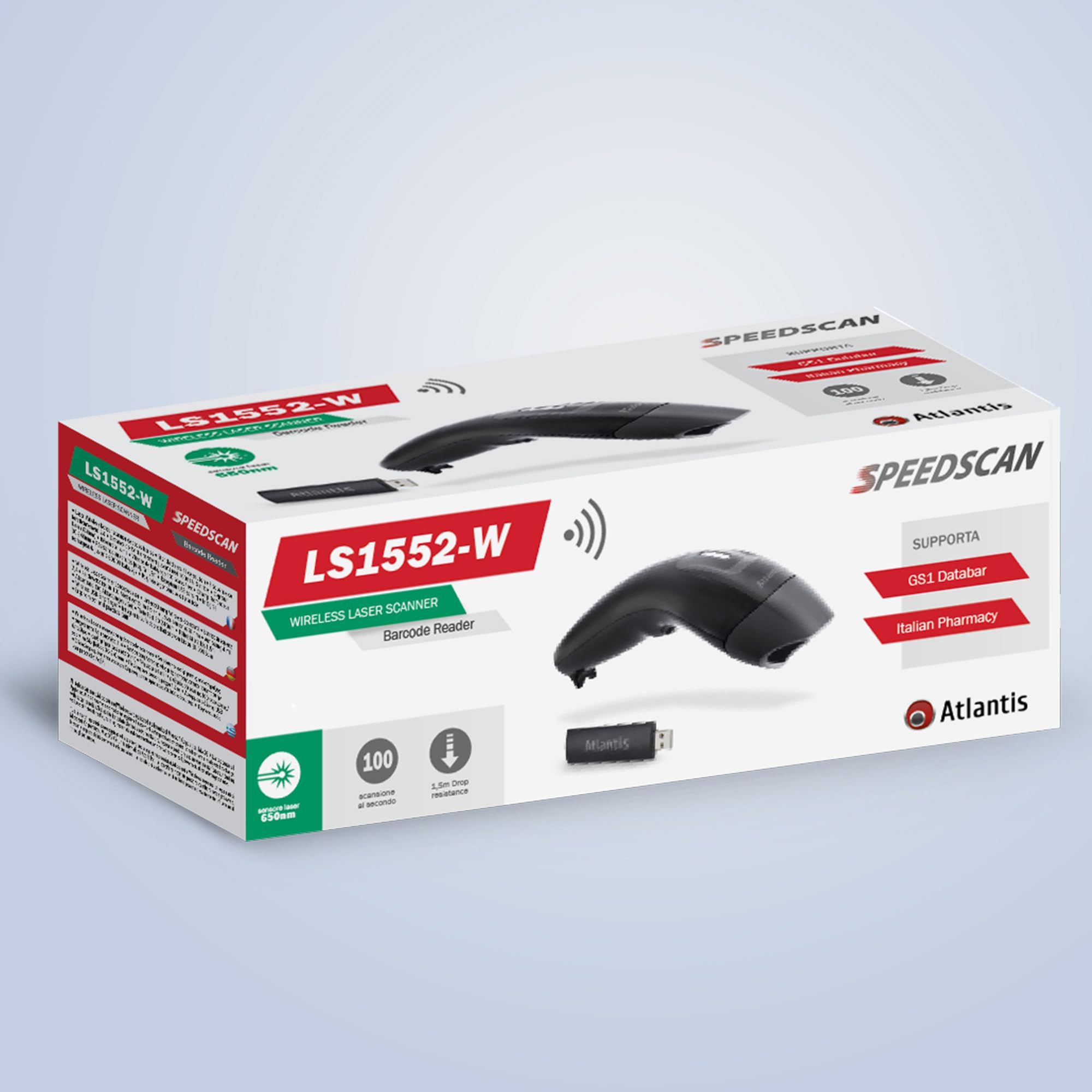 Atlantis A08-LS1552-W Lettore Codici a Barre Barcode reader scanner Wireless 1D Laser (650nm), 270 scansioni sec, codice farmaceutico, collegamento USB, guida rapida.
