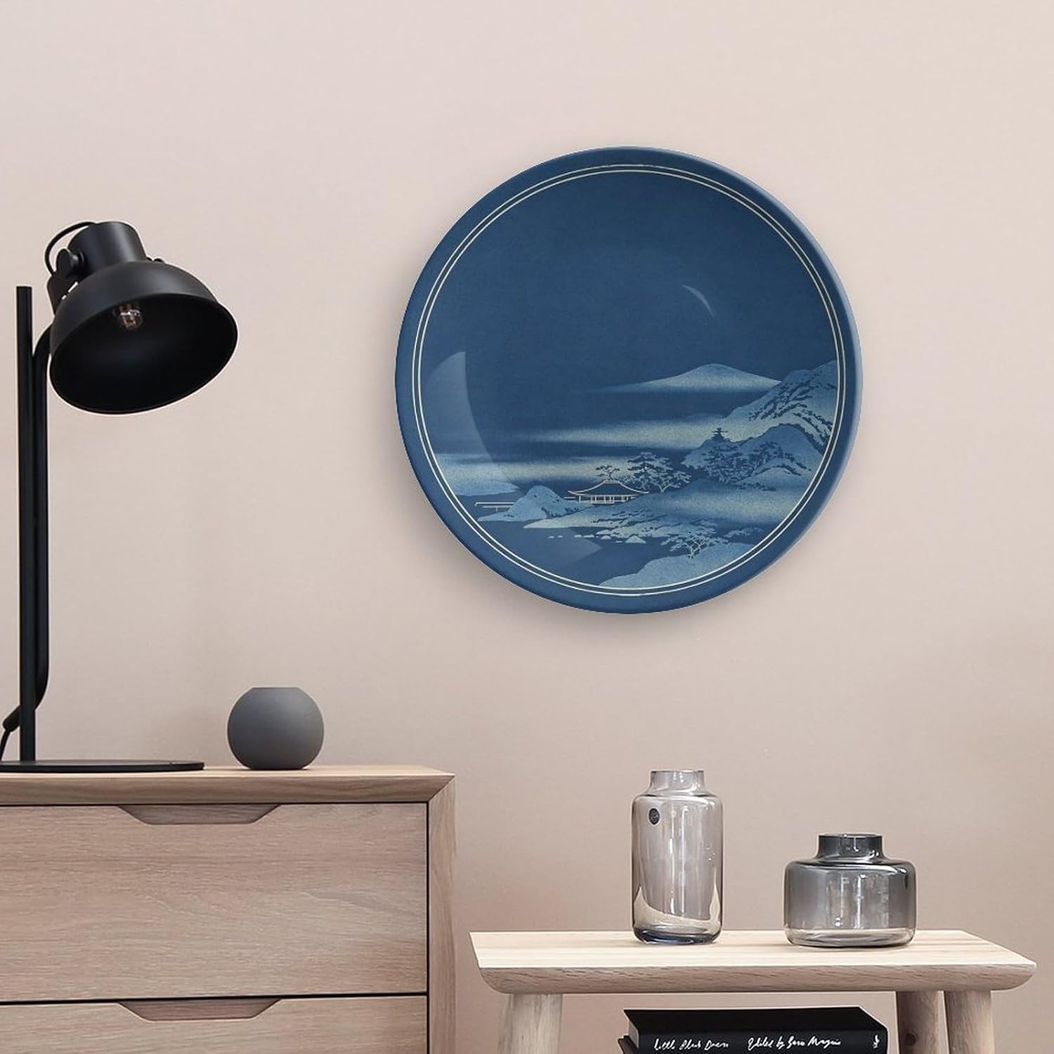 Blue White Porcelain Home Decor Plate, Snowy Pavilion Winter Scene for Study Room Bone China Decorative Plate, 10inch Wall Art Home Decor