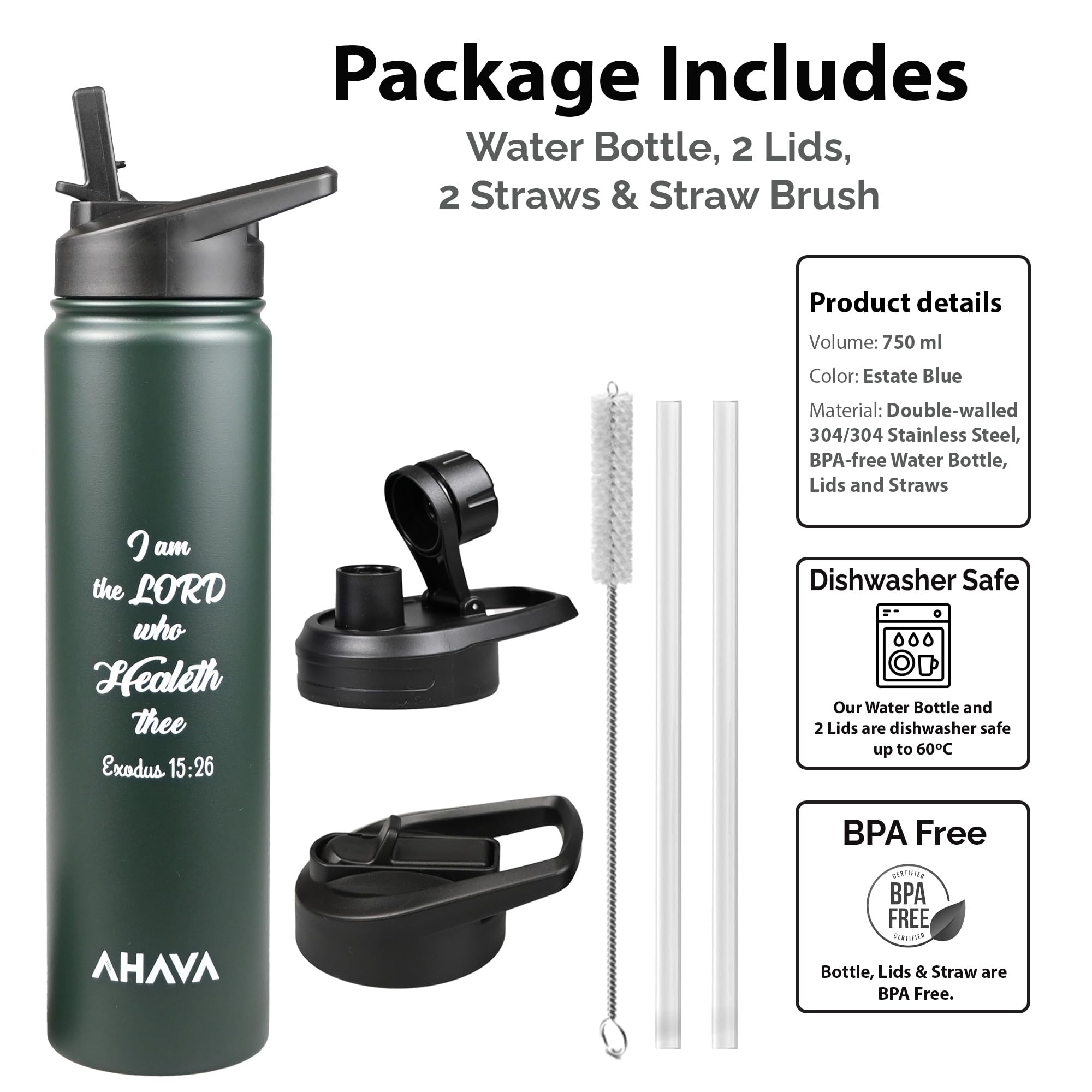AHAVA Christian Gift Stainless Steel Hot Water Bottle, Dark Slate Green, 750 ml - Image 2