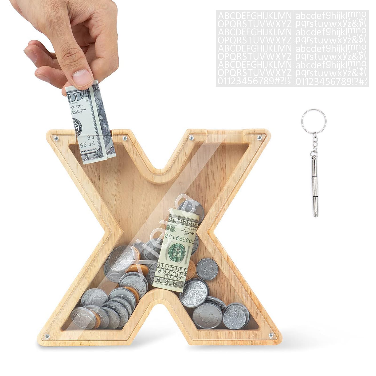 DONJIM Personalized Wooden Money Box, 7" Letter Piggy Bank, Clear Money Gift Box, Detachable Money Jar