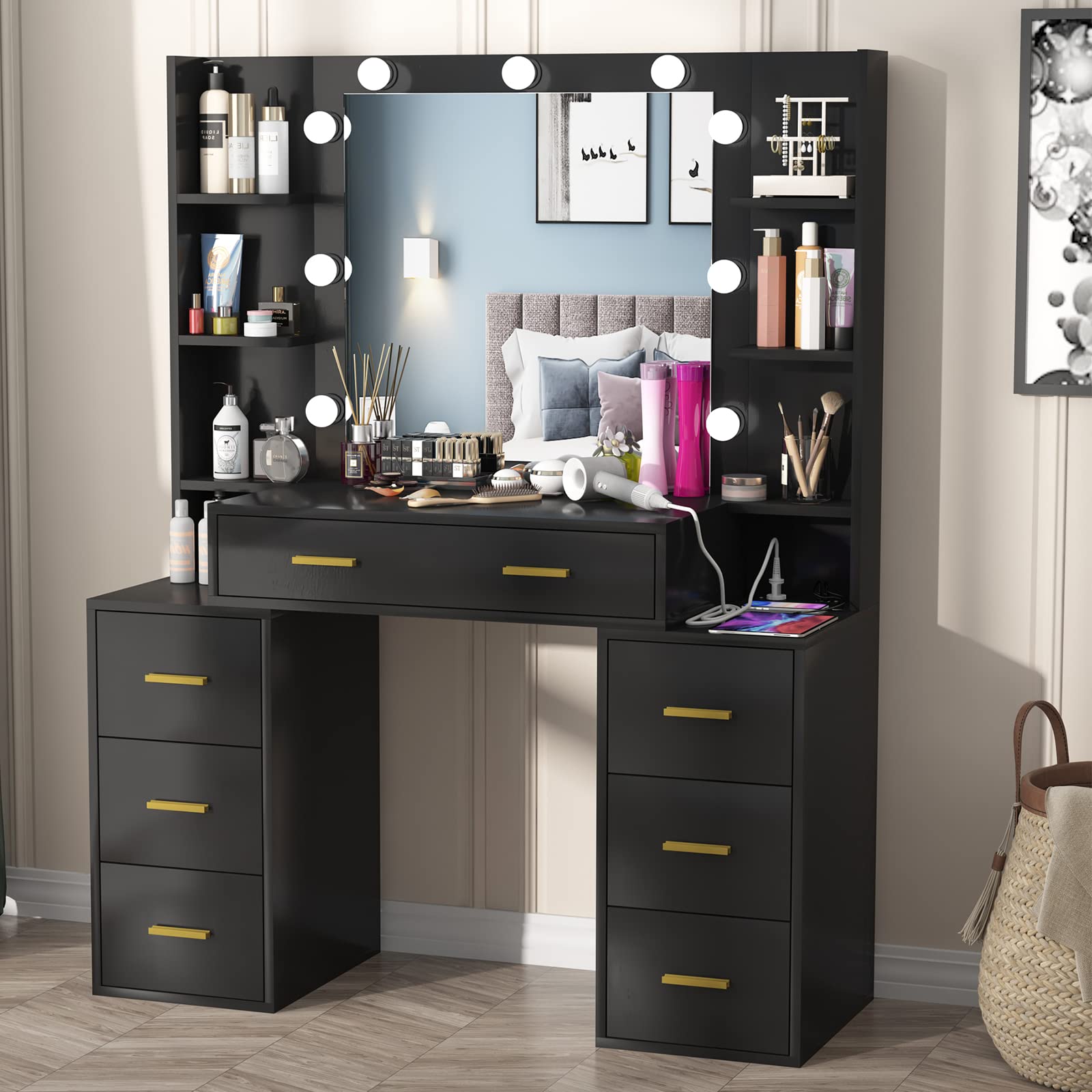 Vanity Set with Lighted Mirror, 43'' Makeup Vanity with 3 Lighting Colors & Power Outlet, 7 Drawers, Storage Shelves, Black Vanity and Girls Makeup Vanity for Bedroom