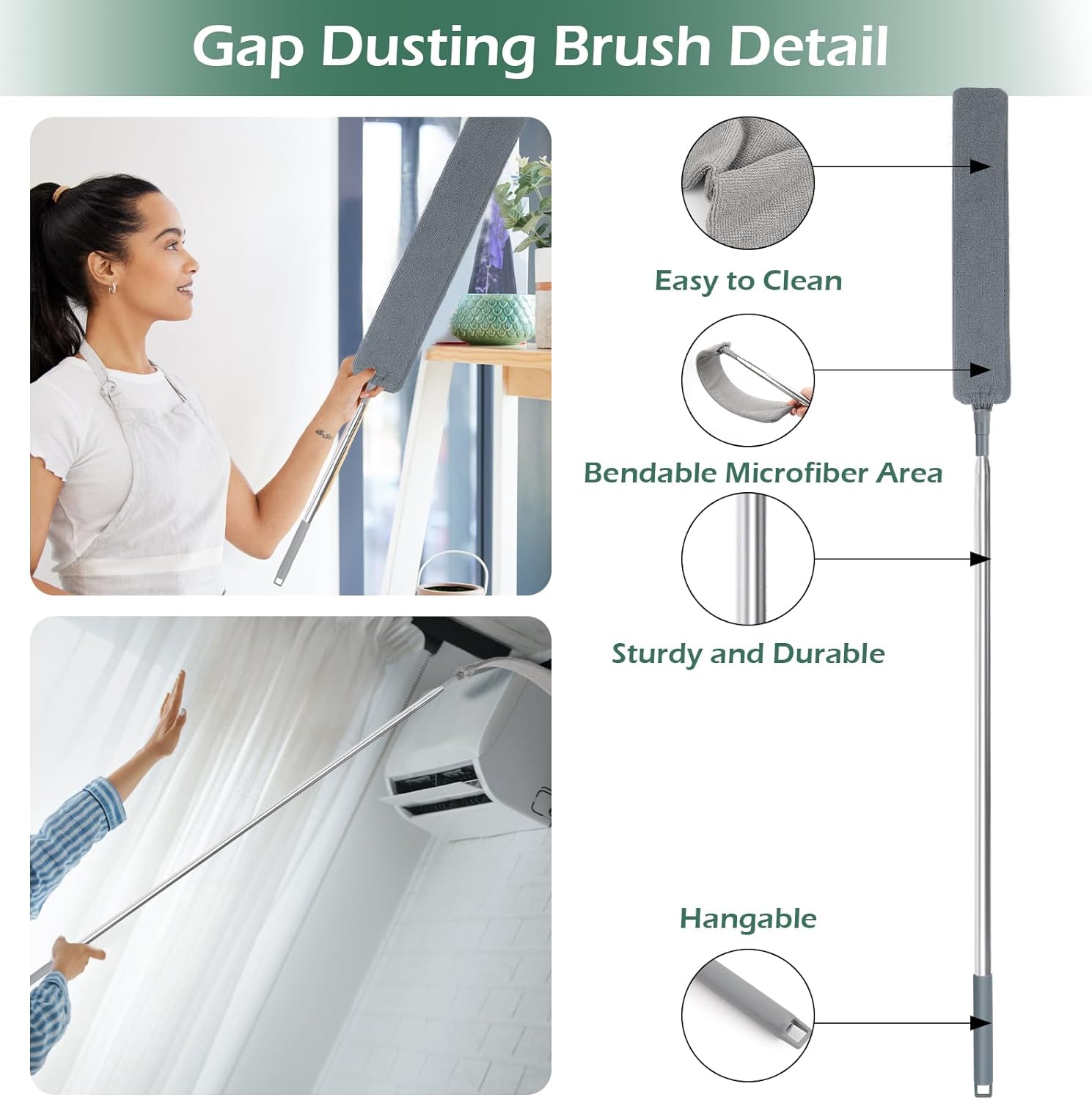 Plumeau télescopique en microfibre lavable avec poignée inoxydable - Nettoyage facile plafonds et toiles d'araignée (228 cm) - Image détaillée