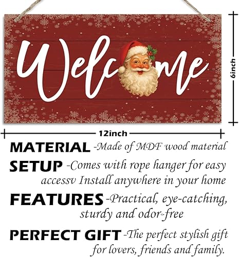 Miniatura 2 de Letrero de bienvenida de Navidad para puerta delantera, letrero de madera con patrón de Papá Noel, decoración retro de grano de madera de color