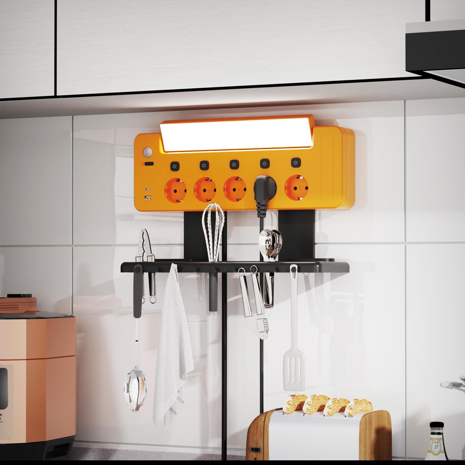 Regleta Enchufes de Pared con 5 Toma de Corriente 3680W y Interruptor Individual, USB A y USB C Puerto de Carga 5V 2.4A, Luz de Ttrabajo LED Giratorio y Portaherramientas para Taller