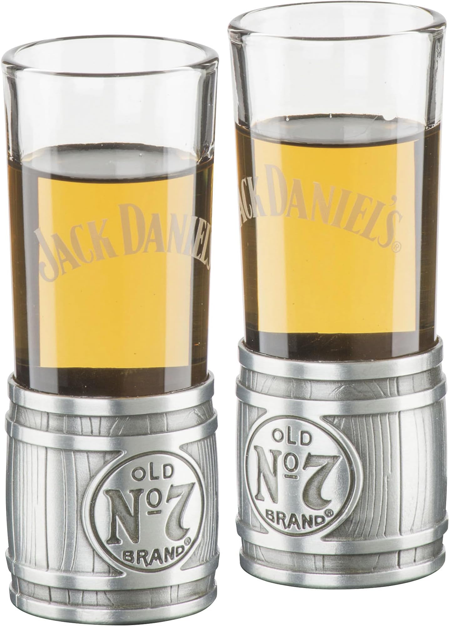 Jack Daniel's Metal Barrel Shooter Set (2) Glass/Metal Shot Glass Whiskey Bar