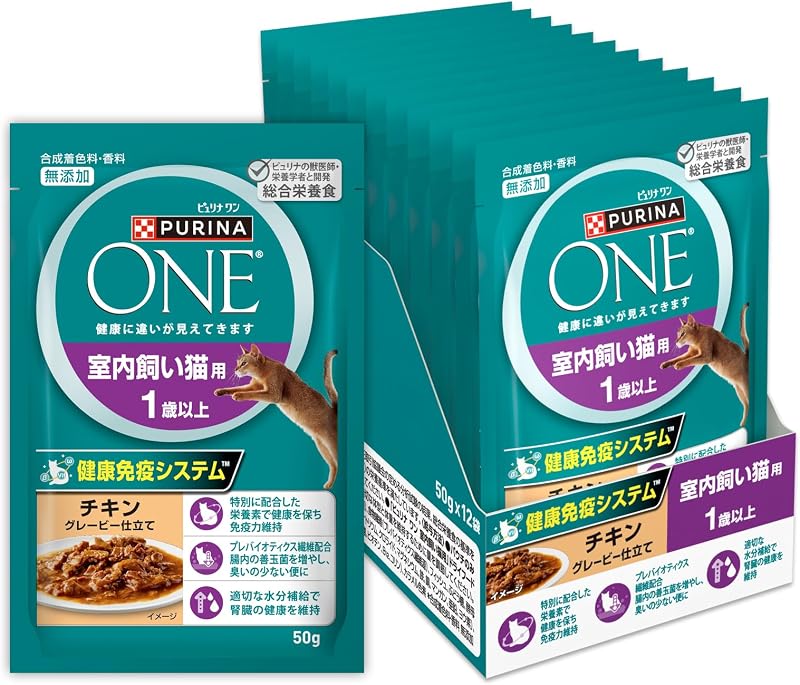 Purina One Cat Pouch, For Indoor Cats, For Ages 1 and Up, Chicken Ravy, 1.8 oz (50 g) x 12 Bags