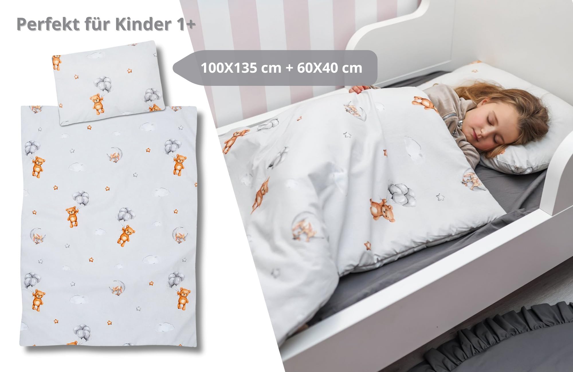 Totsy Baby Trapunta per bambino cotone 100x135 - piumono culla neonato set Imbottitura per piumone 100 x 135 cm con cuscino 40 x 60 cm per ragazzi e ragazze Oeko-Tex Orsi di peluche