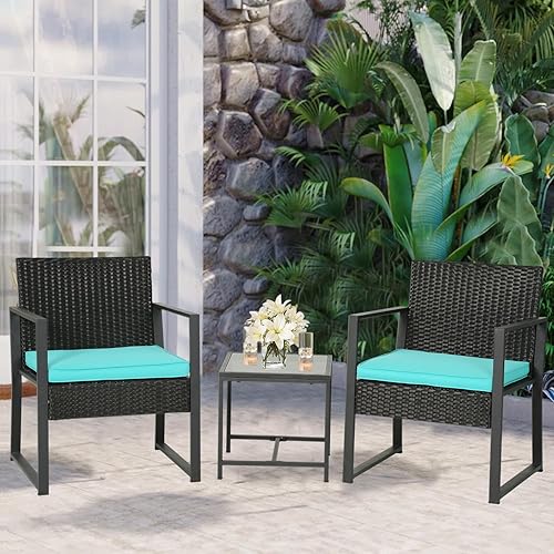 Miniatura 2 de Muebles de exterior, muebles de porche con bastón elástico de polietileno, juego de patio de 3 piezas con mesa de cristal, juego de muebles de