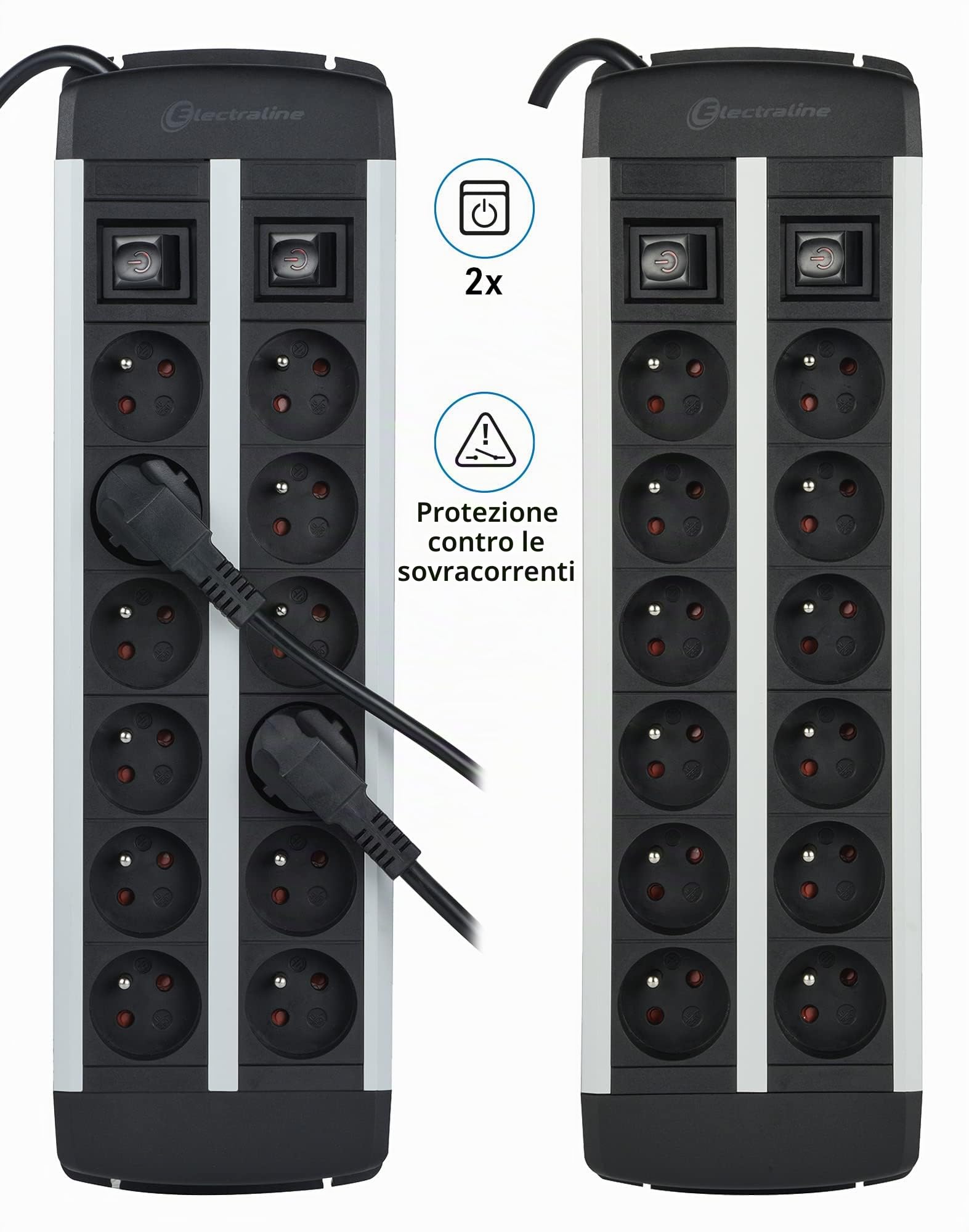 Electraline 35447 - Blocco multipresa Alu-Line, 12 prese con corpo in alluminio, cavi H05VV-F 3G1.5mm, lunghezza 2M, 2 interruttori (1 x 6 prese), con protezione da sovraccarico