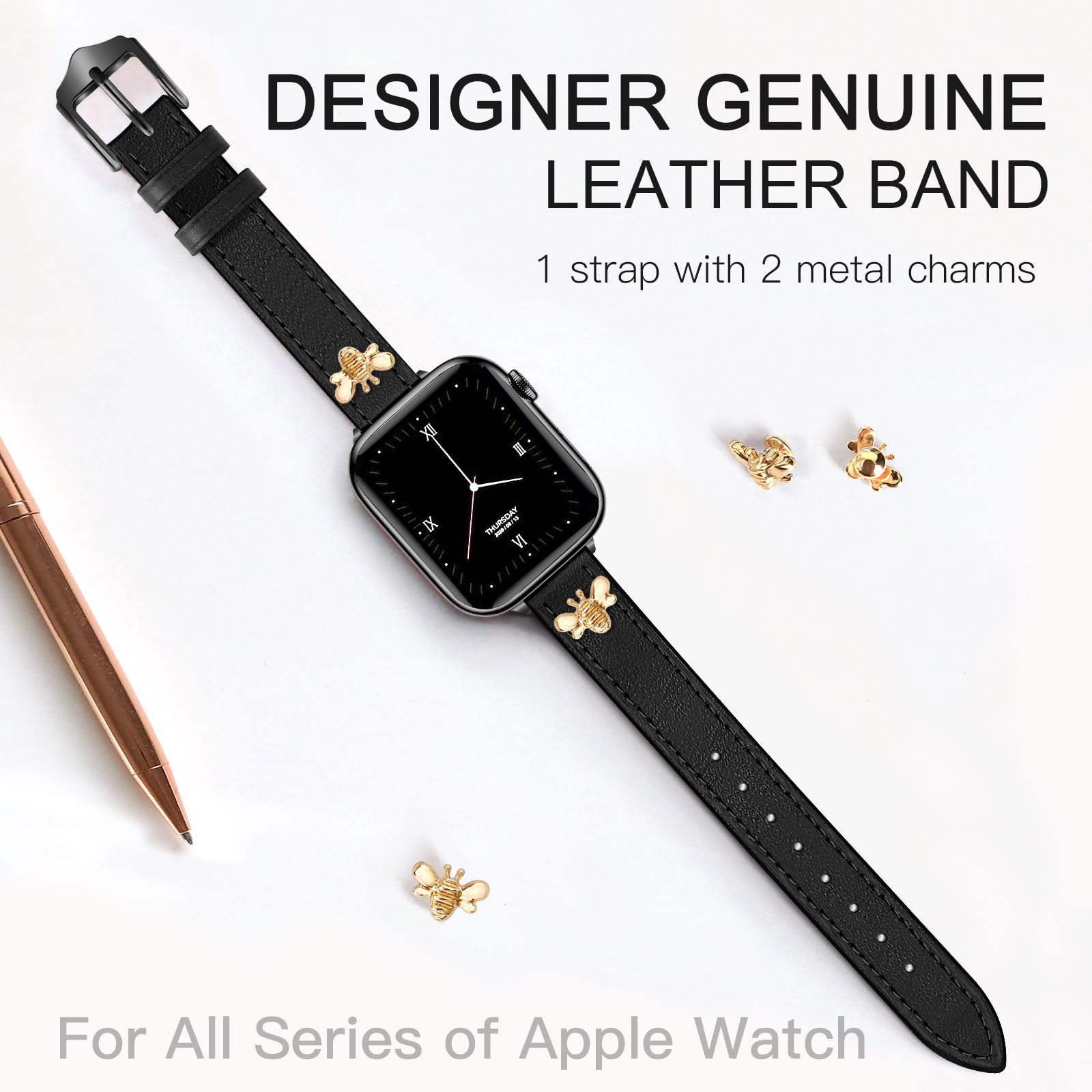 JR.DM Elegantes, schlankes Lederarmband, kompatibel mit Apple Watch, 38 mm, 40 mm, 41 mm, 42 mm, 44 mm, 45 mm, 49 mm, 2 1 (Schwarz) Band,schwarzer Verschluss)