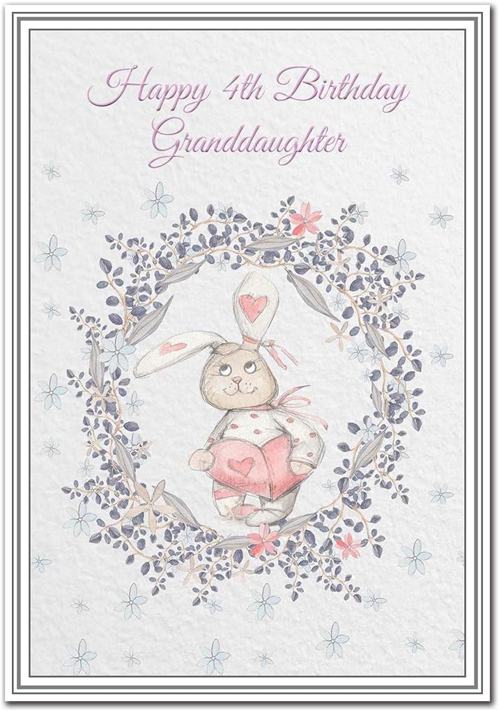 Happy 4th Birthday Granddaughter card - Keepsake for 4 year old girls - Children’s Milestone - Premium Quality cards - Cute Bunny Rabbit design - Unique style - Child or Toddler