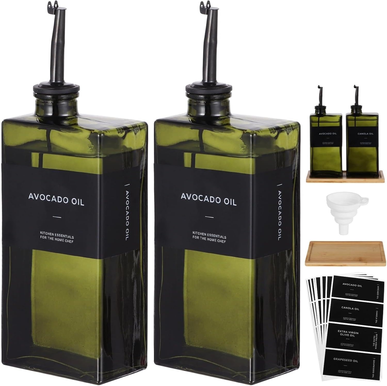 2 Pcs Olive Oil and Vinegar Bottles, 16.9 Oz Dark Glass Dispenser Set with Drip-Free Spouts, Includes Wooden Tray, Silicone Funnel, and Labels, Ideal Kitchen Countertop Organizer