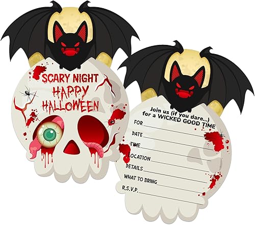 WhatSign Tarjetas de invitaciones de fiesta de Halloween para niños y adultos, 12 tarjetas de invitaciones de murciélago aterrador de Halloween con