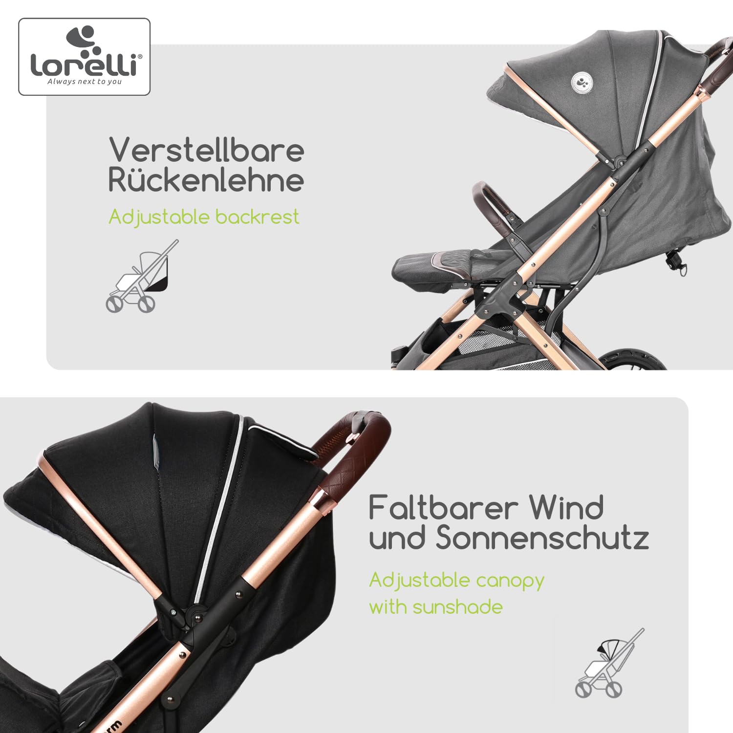 Lorelli Kinderwagen Storm, Sport Buggy klein zusammenklappbar, nur 9,3kg, kompakter Sportsitz bis 22kg, Baby Reisebuggy, Einhand-Klappsystem, schwarz