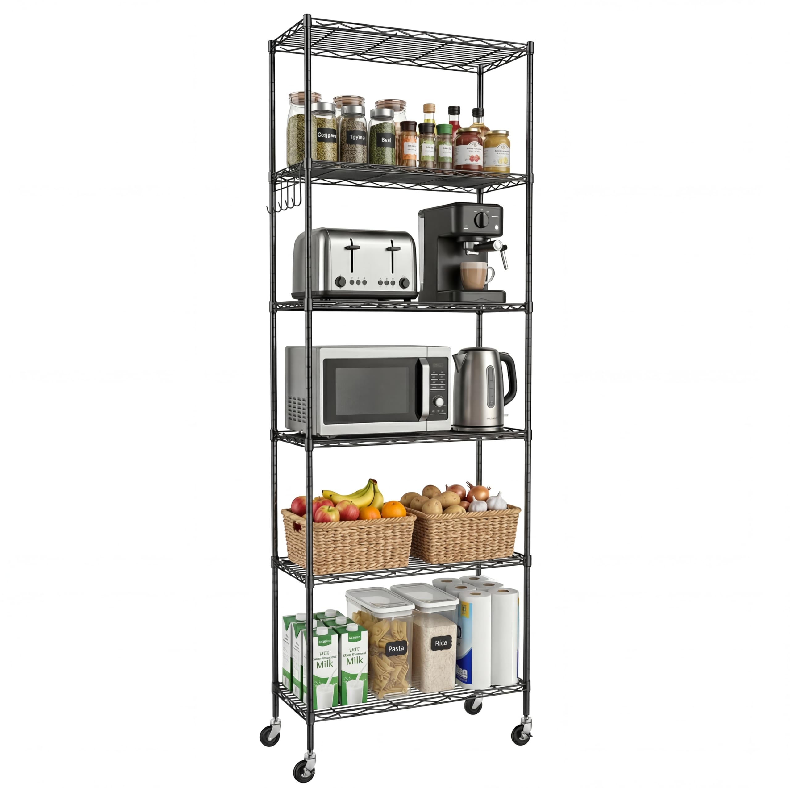 Himimi 6-Tier Standing Storage Shelf with Wheels,Height Adjustable, Heavy Duty Shelving Unit with Hook for Bathroom Kitchen Garage Bedroom Black — image 1
